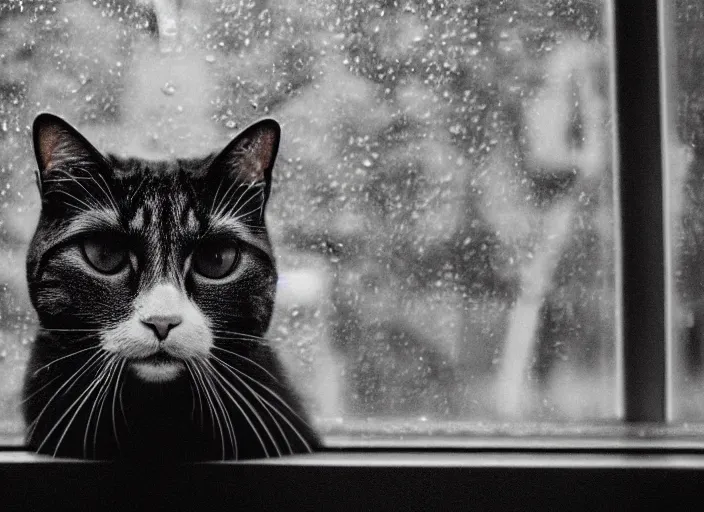 Image similar to photography of a Cat . watching outside the window while it rains. on a bed. in a 70's room full of vinyls and posters, photorealistic, raining award winning photo, 100mm, sharp, high res