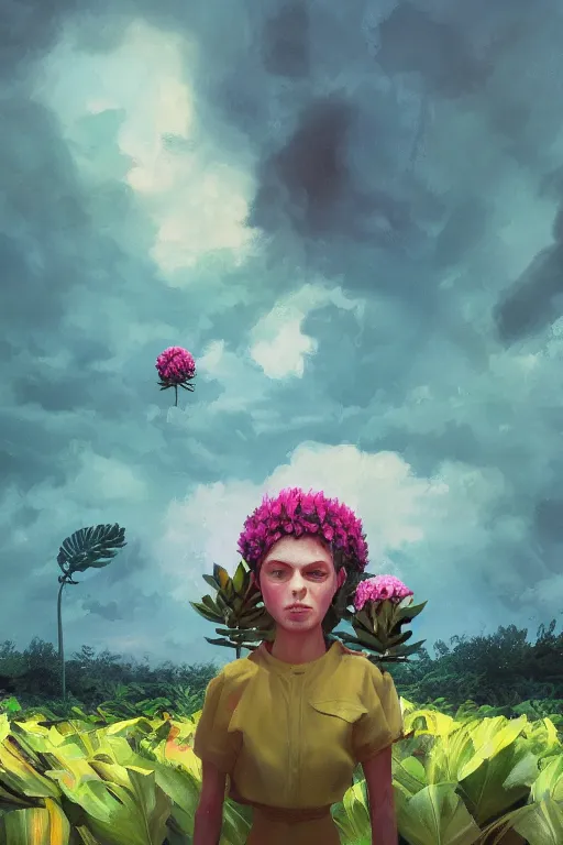 Image similar to closeup, giant flower as a head, girl surrounded by monsteras, surreal photography, wind and cold, dramatic sky, impressionist painting, digital painting, artstation, simon stalenhag