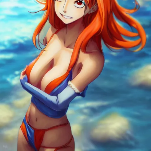 Image similar to anime portrait of Nami from One Piece as an anime girl, cute smile, orange bikini, by Stanley Artgerm Lau, WLOP, Rossdraws, James Jean, Andrei Riabovitchev, Marc Simonetti, and Sakimichan, trending on artstation