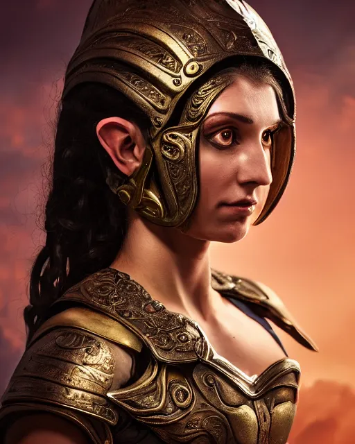 Image similar to photorealistic head and shoulders photo of beautiful victorian female ornate fantasy greek elf spartan warrior goddess, confident, Neil Blevins, Frank frazetta, arney freytag, Ritu Kumar, Sabyasachi Mukherjee, Annie Leibowitz, Magic the gathering,octane, bokeh, 8k, fashion pose, cinematic, 28mm