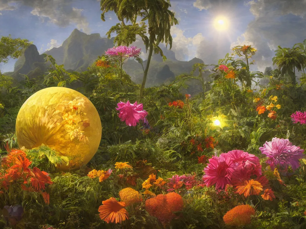 Prompt: sunlight study, the universe is a spheroid region 7 0 5 meters in diameter of kauai wildflower undergrowth, art nouveau, by cornelis de heem and ( ( ( ( ( lisa frank ) ) ) ) ), 8 k, sharp focus, octane render