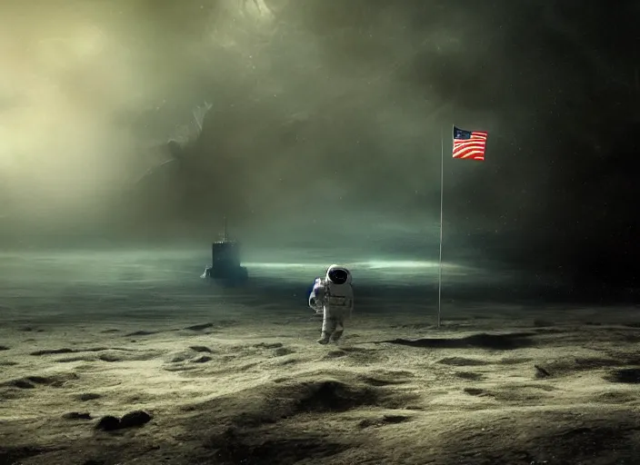 Image similar to astronaut holding a flag in an underwater desert. a submarine is visible in the distance. dark, concept art, cinematic, dramatic, atmospheric, 8 k, trending on artstation, blue, fish, low visibility, fog, ocean floor, christopher nolan, interstellar