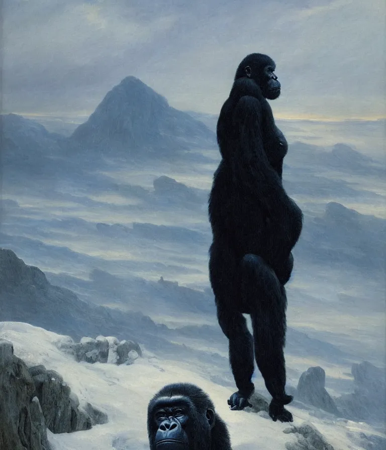 Prompt: a painting in the style of caspar david friedrich's wanderer above the sea of fog of a gorilla in a navy blue trench coat standing above a wasteland of snow