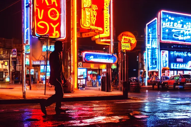 Prompt: a cinematic photograph of jesus walking through a utopian city street on a sunny day, rain falls, neon advertisement light up the street, ultra realistic, high definition