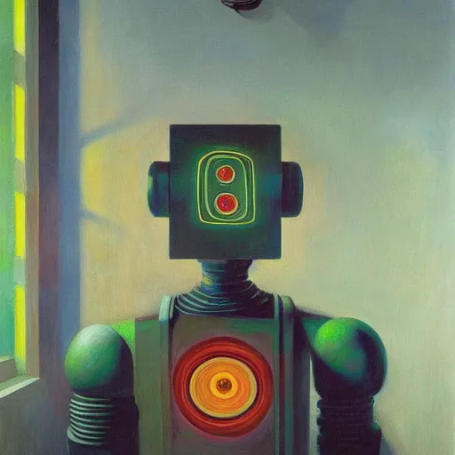 Prompt: a mesmerized robot with large glowing eyes staring at a control panel, portrait, pj crook, grant wood, edward hopper, syd mead, chiaroscuro, oil on canvas