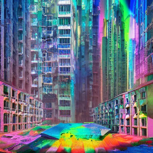 Prompt: an underwater oil filled technicolor rainbow dystopian city that's run down