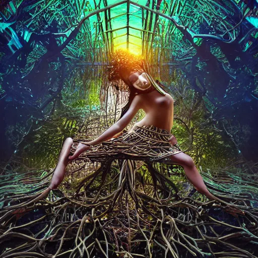 Image similar to deeper into the metaverse we go, piles of modular synth cables mixed with mangrove roots, two kawaii puerto rican goddesses laying down wearing a headpiece made of circuit boards, by cameron gray, wlop, stanley kubrick, masamune, hideki anno, jamie hewlett, unique perspective, trending on artstation, 3 d render, vivid