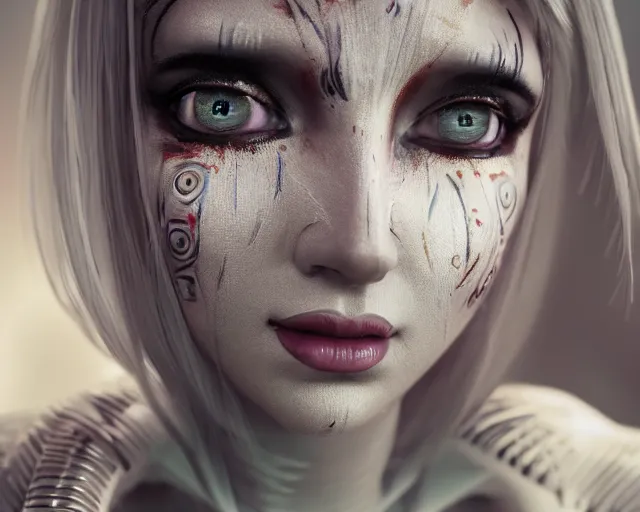 Prompt: a synthetic female human oracle wrapped in white cloth, beautiful, tribal facepaint, neotokyo, cinematic lighting, high resolution, 4 k