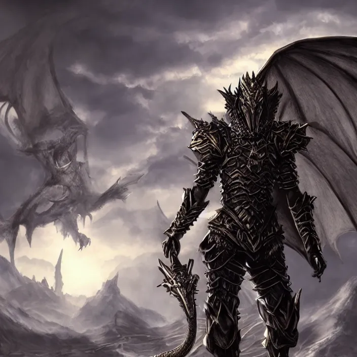 Prompt: photorealistic concept fantasy art of a dragon warlock, in a suit of dragon chain armor, raising his sword on a hill, dynamic lighting, sun ray, ray tracing, hyper realism