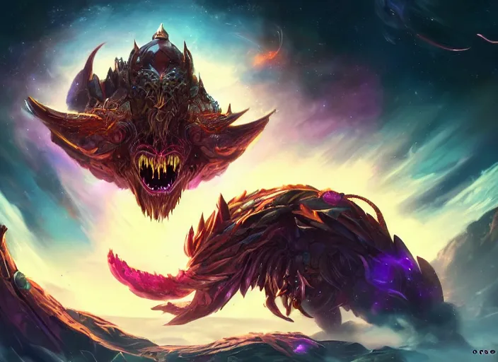 Prompt: cosmic beast devouring a star concept art, digital illustration, trending on artstation, intricate details, epic composition, sharp focus, 8 k uhd, masterpiece, league of legends splash art