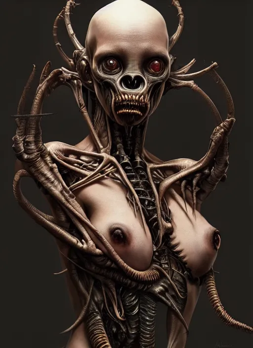 Image similar to ultra realistic, human alien predator hybrid, gothic, fantasy, flesh, bone, body horror, intricate details, eerie, highly detailed, octane render, 8 k, art by artgerm and alphonse mucha and greg rutkowski