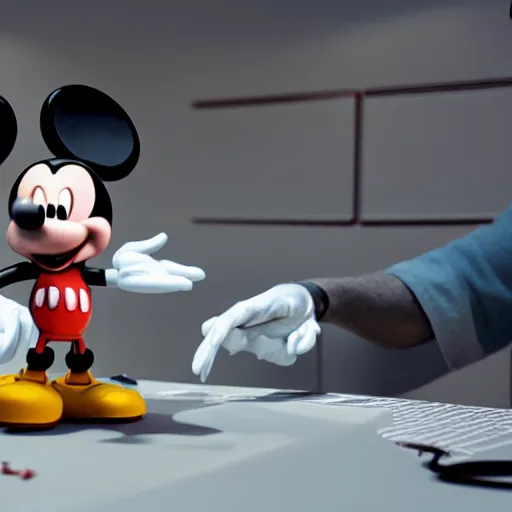 Image similar to a cybertronic mickey mouse being dissected by a group of network executives, on an operating table, octane render, beeple, cgstation, 3 d render, very detailed, mindblowing, blood and guts