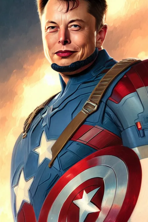 Image similar to elon musk as captain america, marvel character, portrait, highly detailed, digital painting, artstation, concept art, smooth, sharp focus, illustration, cinematic lighting, art by artgerm and greg rutkowski and alphonse mucha