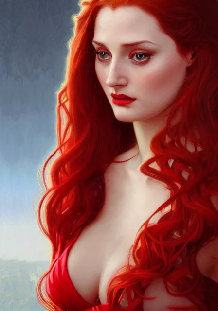 Image similar to sansa angeline jolie gessica chastain in red, intricate, elegant, highly detailed, digital painting, artstation, concept art, smooth, sharp focus, illustration, art by artgerm and greg rutkowski and alphonse mucha and william - adolphe bouguereau