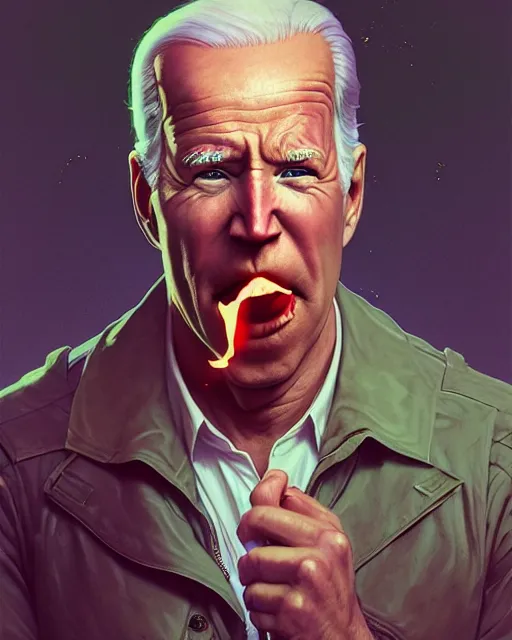 Image similar to highly detailed vfx portrait of a drooling joe biden, stephen bliss, unreal engine, greg rutkowski, loish, rhads, beeple, makoto shinkai and lois van baarle, ilya kuvshinov, rossdraws, tom bagshaw, alphonse mucha, global illumination, detailed and intricate environment