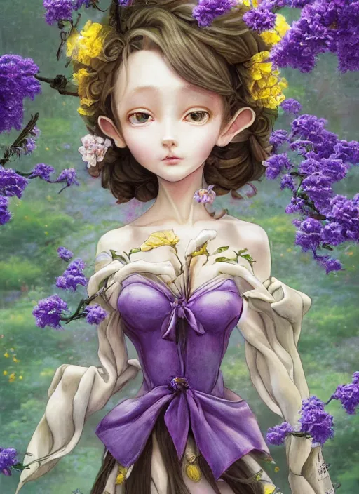 Prompt: elf girl, flower suit, soft hair. light color palate, purple, yellow and white. detailed soft painting, ayami kojima, made in abyss, anatomically correct, ilya kuvshinov, inspired in balthus, high detailed face anime, vogue magazine, glorious composition, mobile wallpaper