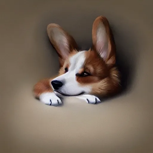 Image similar to a cute corgi sleeping. soft, atmospheric, warm lighting. highly detailed digital painting by mandy jurgens.