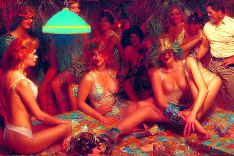 Image similar to 8 0's spring break party, neon light, painting by gaston bussiere, craig mullins, j. c. leyendecker