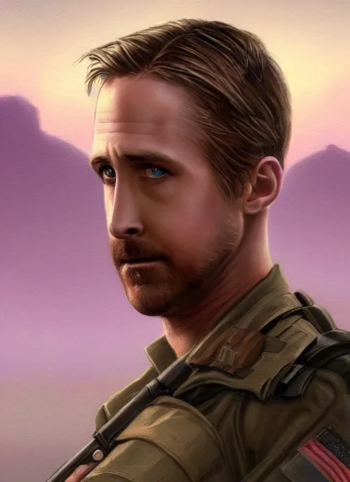 Image similar to purple scene lighting, detailed character portrait!!! concept art, older ryan gosling as a soldier with beard, short hair, in a soldier uniform, desert background, city skyline, sharp focus, illustration, highly detailed, digital painting, concept art, matte, art by wlop and artgerm and greg rutkowski, masterpiece