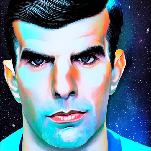 Image similar to : aesthetic portrait commission of very attractive ZACHARY QUINTO SPOCK + FUTURISTIC + wearing BLUE star trek suit + HYPERDETAILED + 2022 award winning painting + KRITA PAINTER + UPSCALED