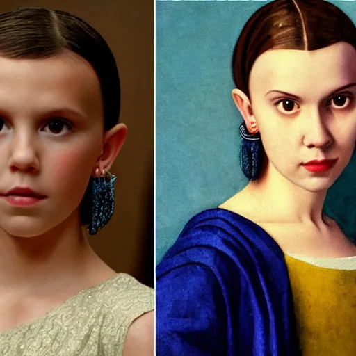 Image similar to Millie Bobby Brown with the pearl earrings by Johannes Vermeer