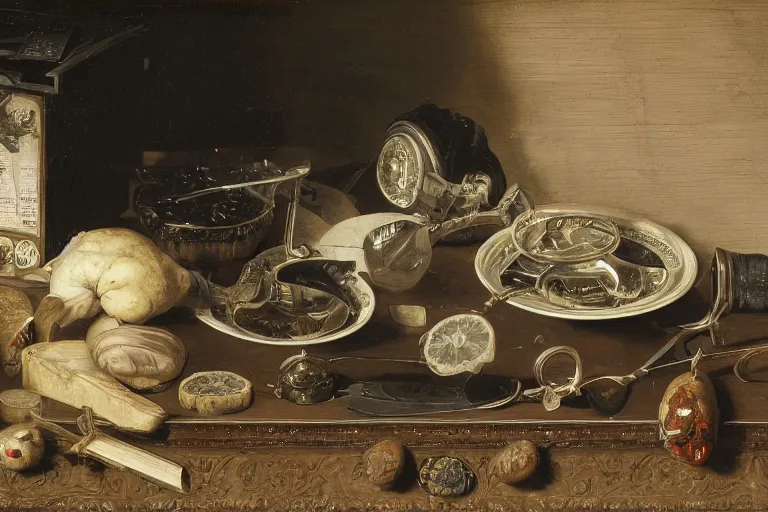 Image similar to a vanitas painting by clara peeters and pieter claesz, depicting an NVIDIA RTX A100 GPU, graphics card, computer parts, GPU shot etched