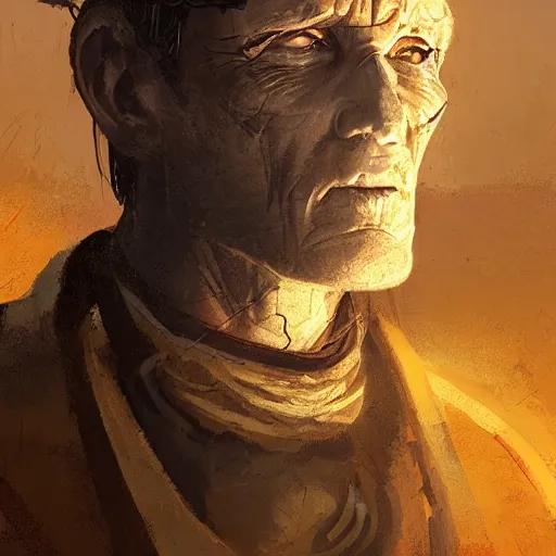 Image similar to a neolithic priest, male, cybernetically enhanced, sci fi character portrait by greg rutkowski, craig mullins