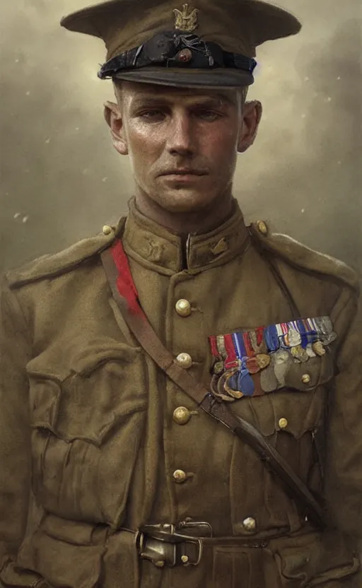 Prompt: portrait of a wwi british army officer, male, detailed face, first world war, 2 0 th century, highly detailed, cinematic lighting, digital art painting by greg rutkowski