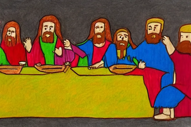 Prompt: Kids crayon drawing of the last supper