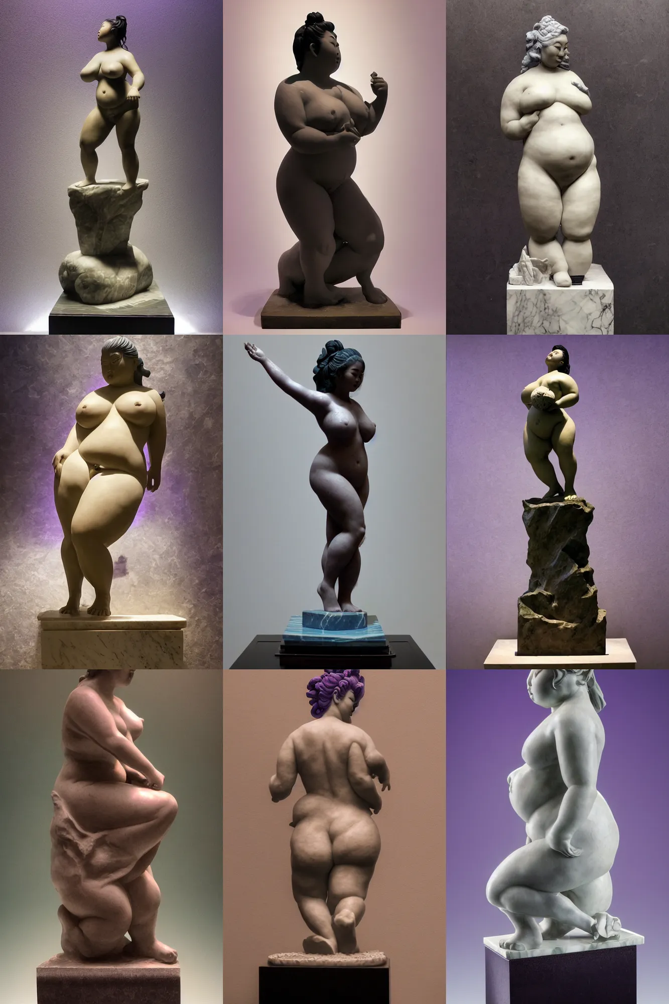 Prompt: awe - inspiring award - winning frank frazetta marble statue of a beautiful chubby asian woman on display in a vaporwave room with tiled surfaces and a swimming pool, realistic, photo real, smooth, sharp, intricate detail, dramatic lighting, extremely moody purple lighting, glowing light and shadow, atmospheric, shadowy, cinematic, 8 k