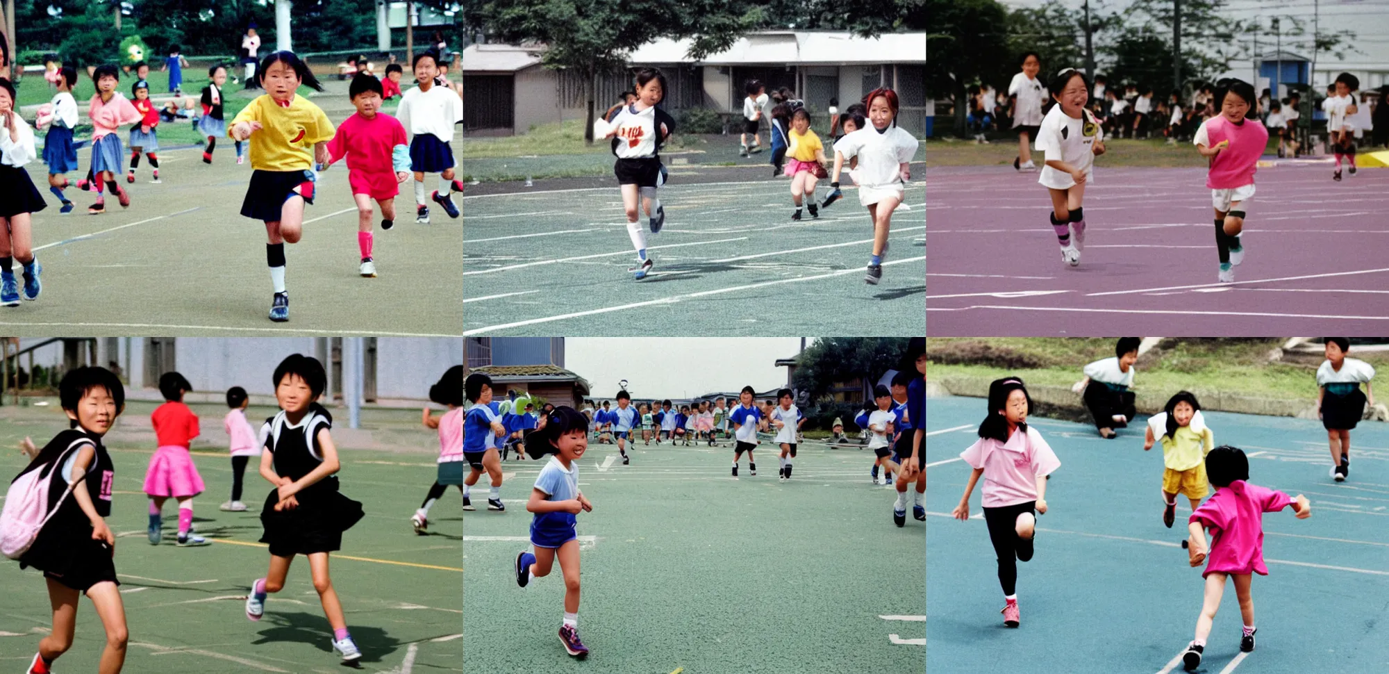 Prompt: 90's color Photo, A girl running on the schoolyard, at Sports Day at an elementary school in Japan.