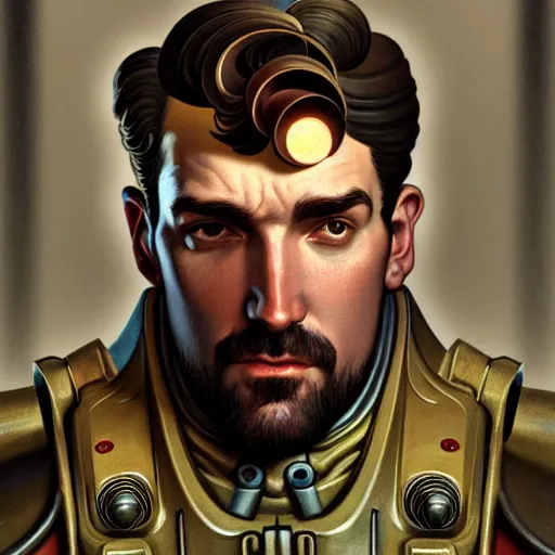 Image similar to full portrait of fallout 4 kevin smith, fantasy, d & d, intricate, detailed, by by alphonse mucha, adolfo hohenstein, alice russell glenny, stanley artgerm lau, greg rutkowski, detailed, trending on artstation, trending on artstation, smooth