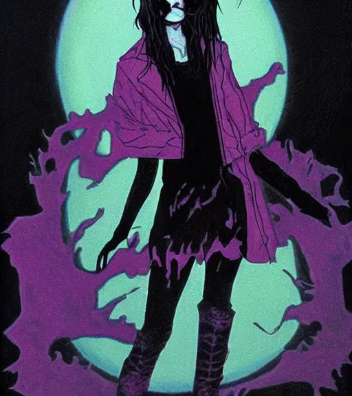 Image similar to A portrait of the character, Death, a young Goth girl wearing a black vest, Vertigo Comics, The Sandman written by Neil Gaiman, against a stormy purple sky