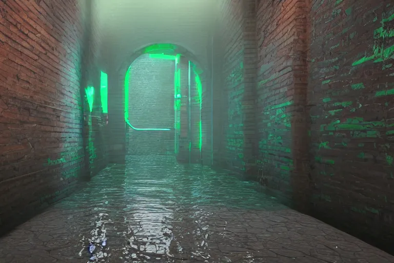 Image similar to detailed sewers environment, curved brick walls run along the channel, pipes run along the walls, a slight green glow emanates from the water, Unreal Engine render, Artstation 4K