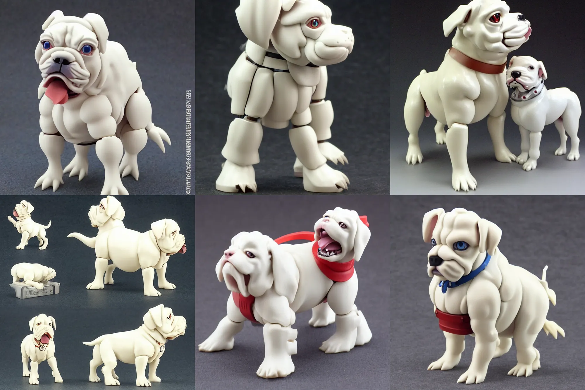 Prompt: A giant mechanized adorable white bulldog puppy from Studio Ghibli Howl's Moving Castle (2004) as a 1980's Kenner style action figure, 5 points of articulation, full body, 4k, highly detailed. award winning sci-fi. look at all that detail!