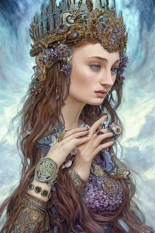 Image similar to Sophie Turner as a Goddess, cute, fantasy, intricate, elegant, highly detailed, digital painting, 4k, HDR, concept art, smooth, sharp focus, illustration, art by artgerm and H R Giger and alphonse mucha