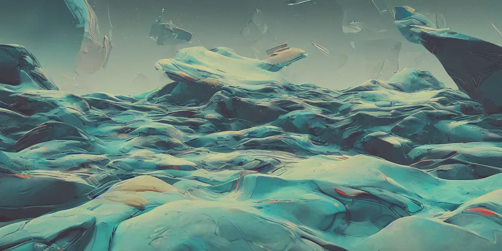 Image similar to abstract 3d landscape painting at noon by james jean and painted in no mans sky style, redshift, octane