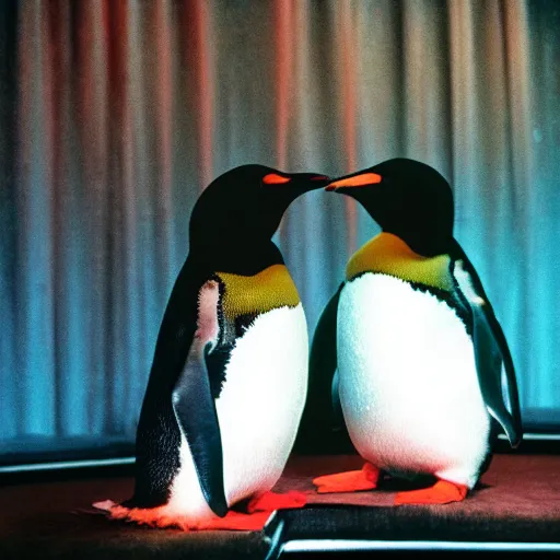 Image similar to two penguins in disco nightclub, ektachrome,