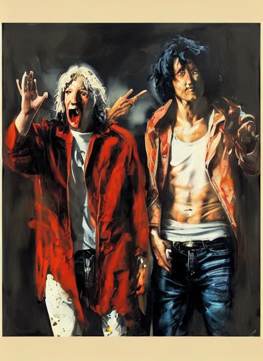 Prompt: bill and ted, painting by phil hale, fransico goya,'action lines '!!!, graphic style, visible brushstrokes, motion blur, blurry, visible paint texture, crisp hd image