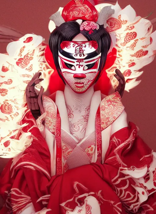 Image similar to albino maiko with a kitsune mask, fluent composition, red and white neon, concept art, ambient light, 4 k, intricate details, highly professionally detailed, cgsociety, highly detailed -