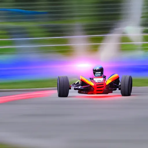 Image similar to young gokart racer taking a corner at speed on a race track, motion blur lights, laser, smoke, debris, fast movement