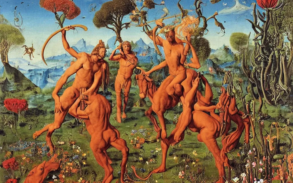 Image similar to a portrait photograph of a meditating satyr and a centaur monk riding a rocket machine and hunting at a river delta. surrounded by bulbous flowers and trees. mountain range under a blue sky of fiery stars. by jan van eyck, max ernst, ernst haeckel, ernst fuchs and artgerm, cgsociety, fashion editorial, 8 k