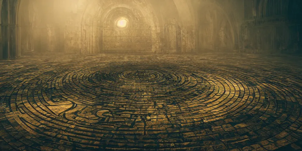 Image similar to circular labyrinth, art deco medieval style, dark vibes, golden statue in center of labyrinth, abandoned vibes, gloomy moody clouds, god sun rays, complimentary color scheme, G liulian Art style, dynamic lighting, highly detailed, cinematic landscape, studio landscape