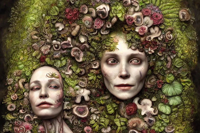 Image similar to beautiful and detailed rotten woman corpse with fractal plants and fractal flowers and mushrooms growing around, face muscles, veins, arteries, intricate, ornate, surreal, ray caesar, john constable, guy denning, dan hillier