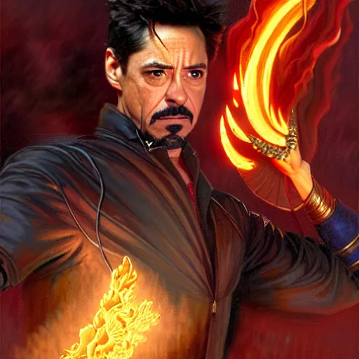 Prompt: tony stark as stunning male master wizard casting fire spell, highly detailed painting by gaston bussiere, craig mullins, j. c. leyendecker, 8 k