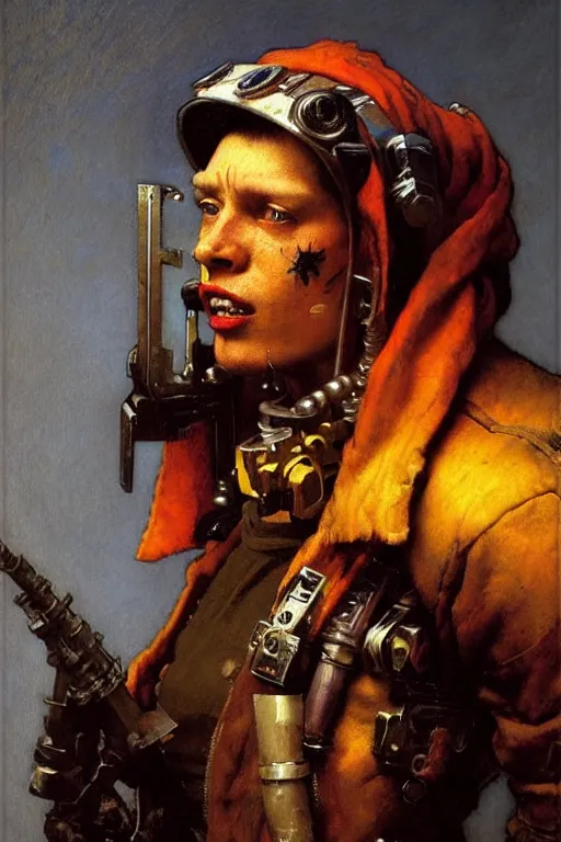Image similar to full character portrait max mad cyberpunk warhammer 4 0 k, medic sapper not the girl with the pearl earring character design, painting by gaston bussiere, katsuya terada, nc wyeth, greg rutkowski, craig mullins, vermeer, frank frazetta, mucha, tom of finland, trending on artstation, by norman rockwell