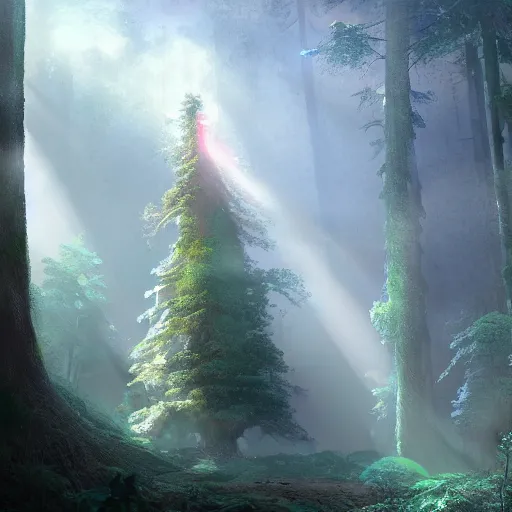 Image similar to a fairy huge sequoia, rays of light, atmospheric, matte-painting, trending on artstation