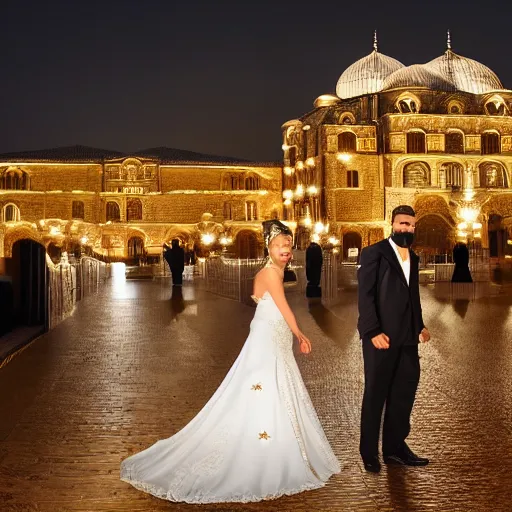 Prompt: A couple getting married in a venue, with a majestic Ottoman palace in the background, at night, well lit sky, close up shot on the couple, luxury, luxurious wedding, Ottoman Empire era, gold, photorealistic, ultra-detailed, 4k high resolution, HDR shot