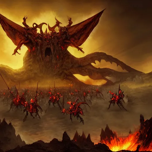 Image similar to an army of demons flying out of a volcano with flag bearers and trumpeters, intricate detail, royo, vallejo, frazetta, giger, klimt, miro, whealan, hd, unreal engine,