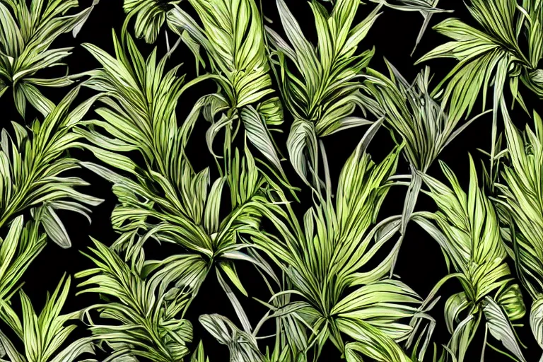 Image similar to photorealistic print of exotic, elegant tropical prints, isolated in a black background : : green surreal plants, golden flowers, art nouveau, desaturate, trending on artstation